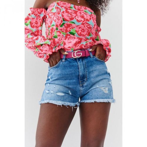 Distressed blue denim shorts