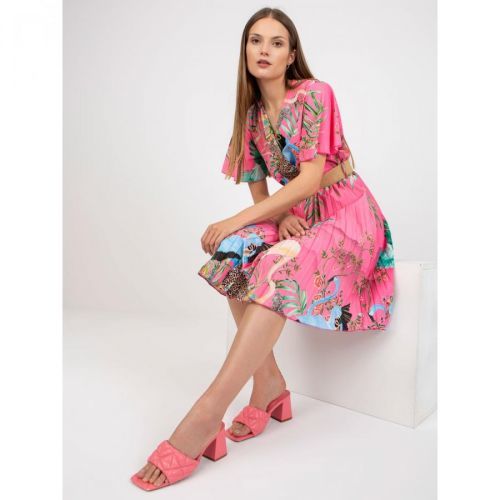 Pink summer dress with prints and pleats