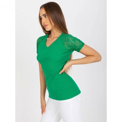 Dark green ribbed blouse with RUE PARIS lace