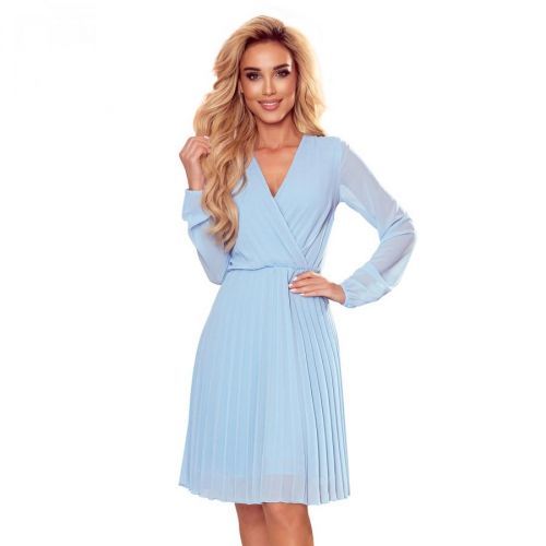313-10 ISABELLE Pleated dress with a neckline and long sleeves - BLUE