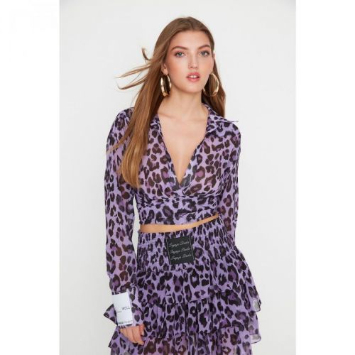 Trendyol X Sagaza Studio Purple Leopard Print Chiffon Shirt