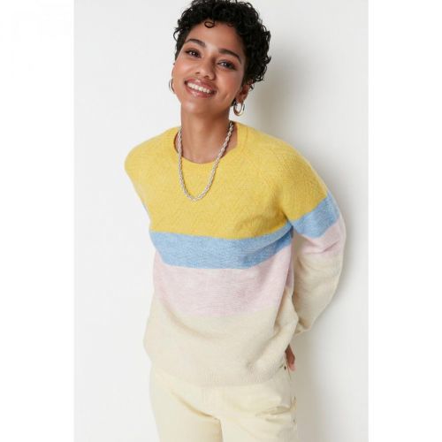 Trendyol Ecru Oversize Color Block Knitwear Sweater