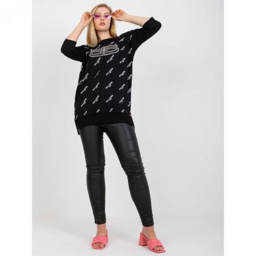 Black long plus size blouse with rhinestones appliqué