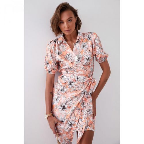 Envelope dress in floral print with a collar, light orange