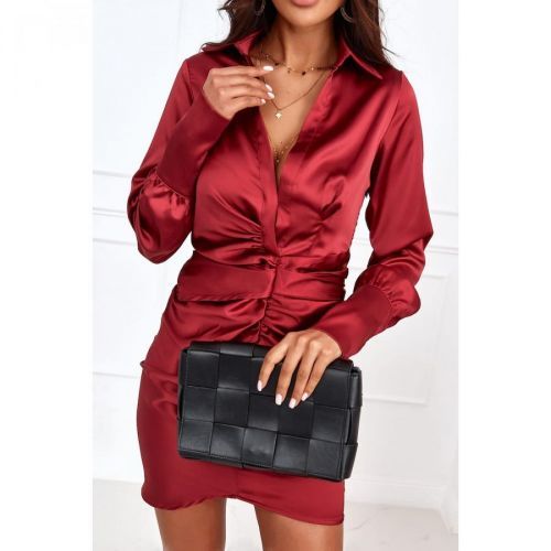 A satin dress with a collar in burgundy color