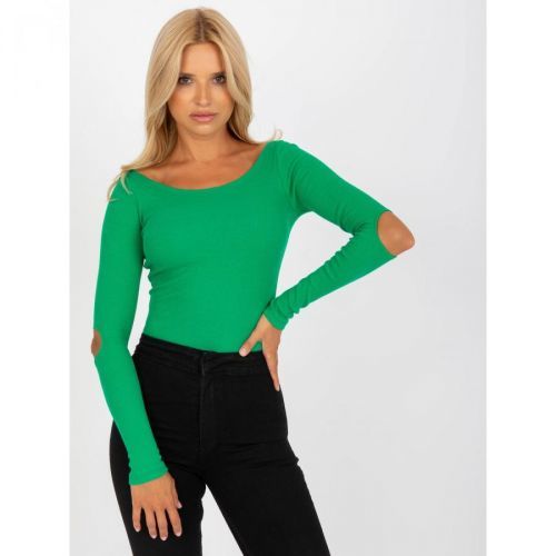 RUE PARIS green ribbed basic blouse with cutouts on the elbows