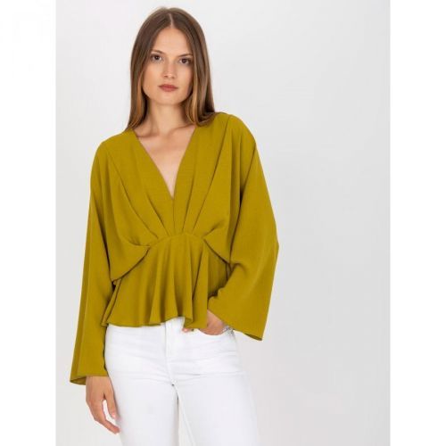 One size olive blouse with a V-neck