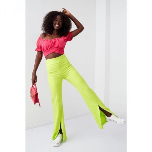 Women's elegant pants with a slit in neon lime