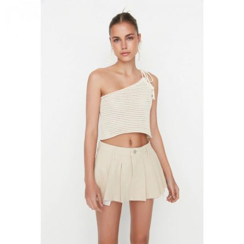 Trendyol Ecru Pleated Normal Waist Denim Short Skirt