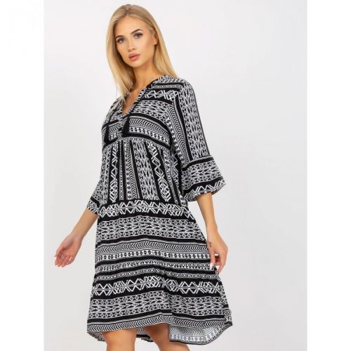 Black patterned dress with a frill and 3/4 sleeves