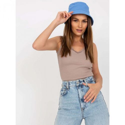 Dark beige ribbed top with V-neck RUE PARIS