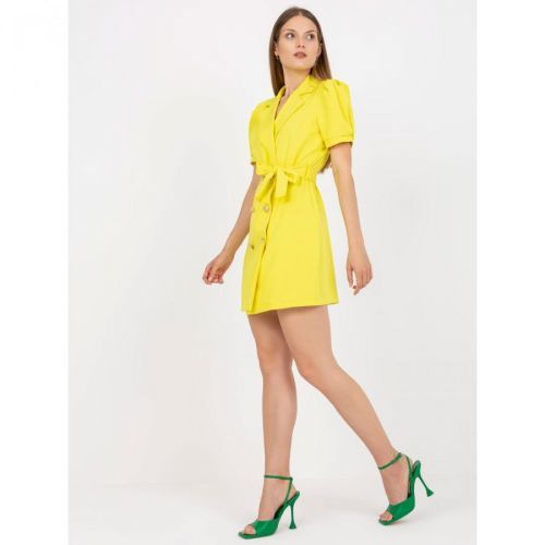 Yellow mini double-breasted cocktail dress with a belt