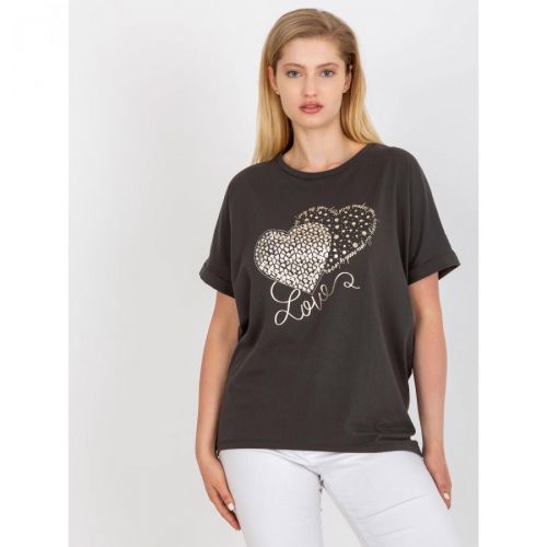 Khaki cotton plus size t-shirt with an application of rhinestones