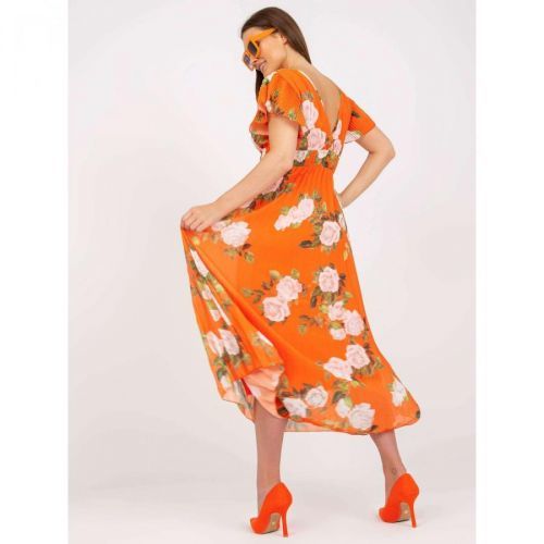 Orange floral pleated dress in midi length