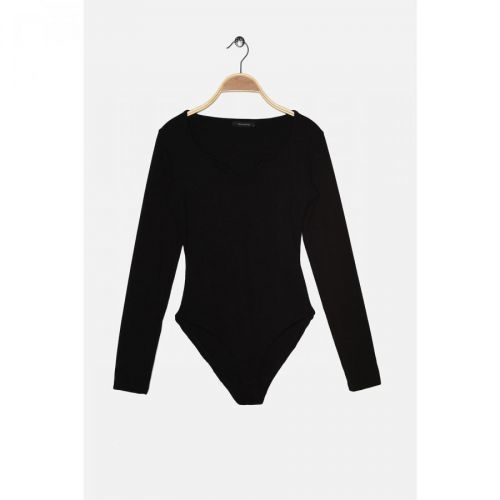 Trendyol Black Ribbed Heart Collar Fitted Snap Snap Knitted Body