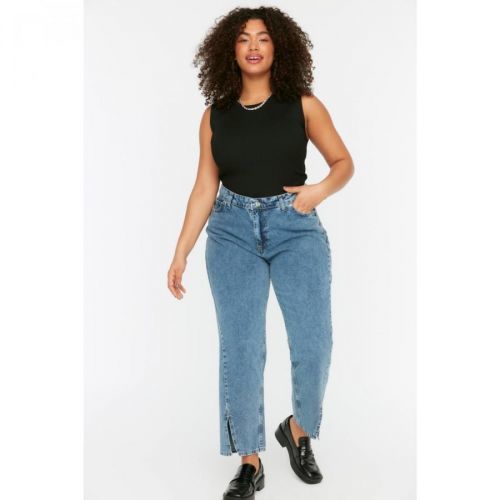 Trendyol Curve Blue High Waist Leg Detailed Booutcut Jeans