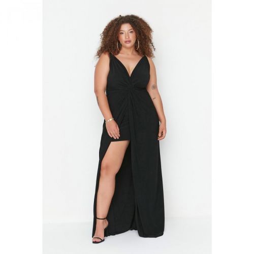 Trendyol Curve Black Knot Detailed Knitted Evening Dress