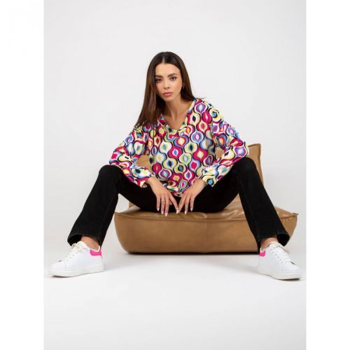 RUE PARIS pink and blue velor sweatshirt with a print and V-neck