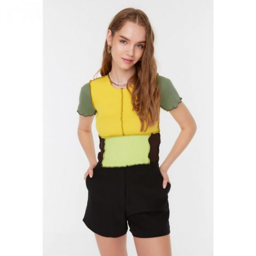 Trendyol Yellow Color Block Corduroy Crop Knitted Blouse