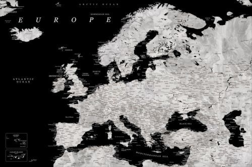 POSTERS Plakát, Obraz - Blursbyai - Black and grey detailed map of Europe, (120 x 80 cm)