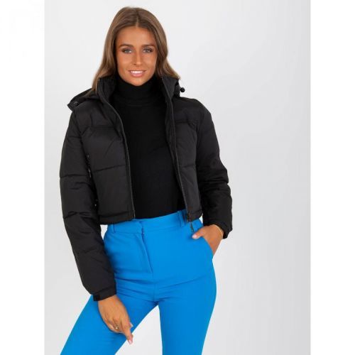 Black short winter jacket with a hood