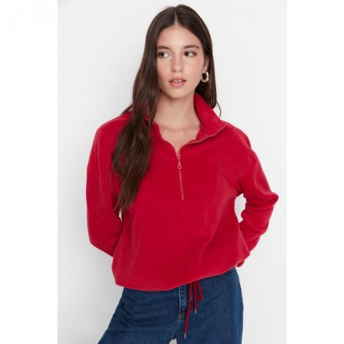 Trendyol Claret Red Zipper Detailed Basic Knitted Sweatshirt