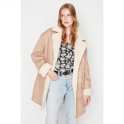Trendyol Camel Wide Cut Oversize Plush Detailed Suede Coat
