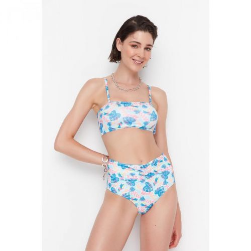 Trendyol Floral Patterned Ruffle Detailed High Waist Bikini Bottom
