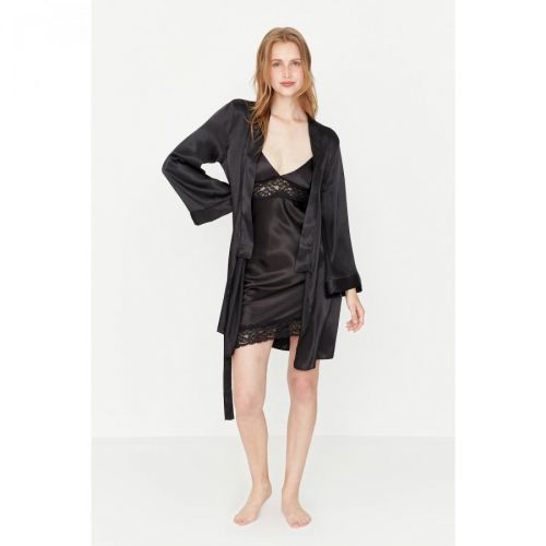 Trendyol Black Belted Satin Woven Dressing Gown