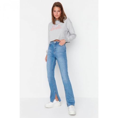 Trendyol Navy Blue Slit High Waist Slim Flare Jeans