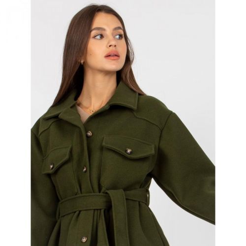 Khaki women's coat with a tie belt