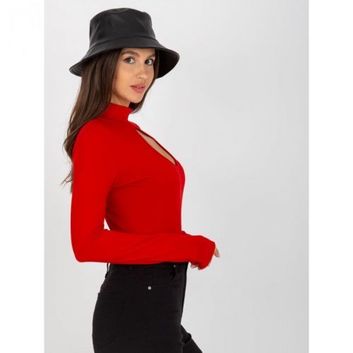 A red cotton blouse with a basic turtleneck