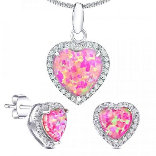 Silvego Stříbrný srdíčkový set s opály JJJS0103C2 (náušnice, přívěsek)