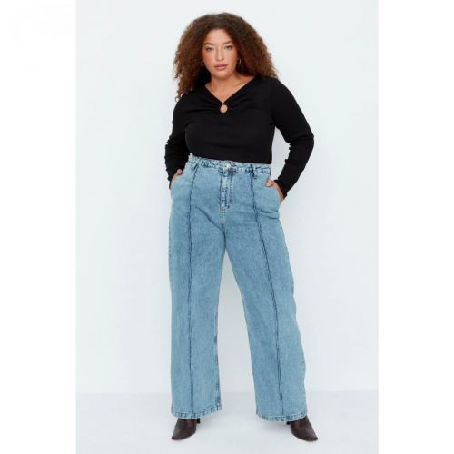 Trendyol Curve Blue High Waist Wideleg Jeans