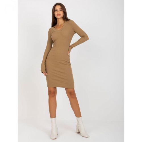 Basic camel striped dress with a triangular neckline