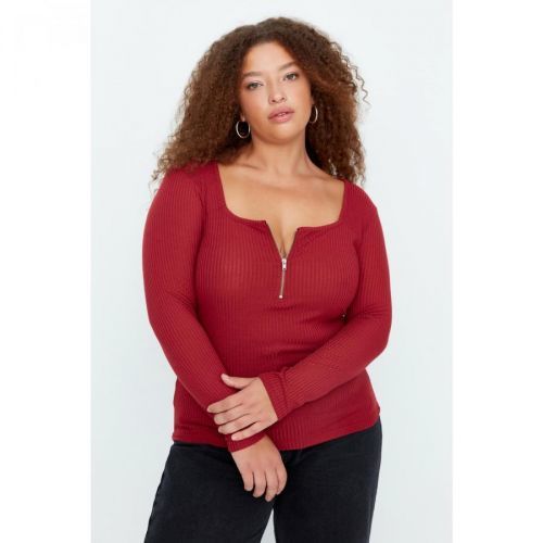 Trendyol Curve Burgundy Square Collar Zippered Knitted Blouse