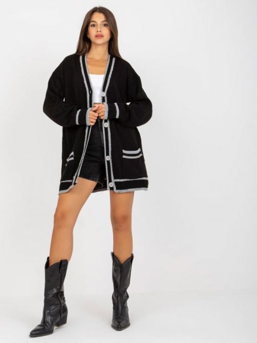 Černý dlouhý svetr s knoflíky a lemováním LC-SW-0333.06X-black Velikost: ONE SIZE