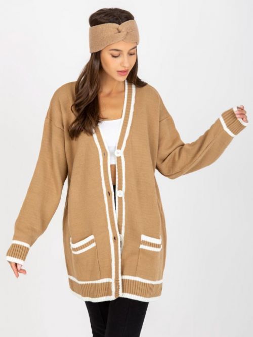 Béžový dlouhý svetr s knoflíky a lemováním LC-SW-0333.06X-beige Velikost: ONE SIZE