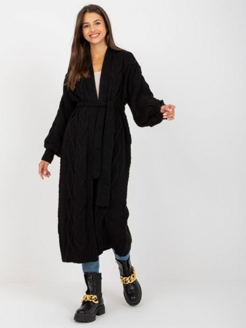 Černý pletený dlouhý kardigan na zavazování -LC-SW-8020.16P-black Velikost: ONE SIZE