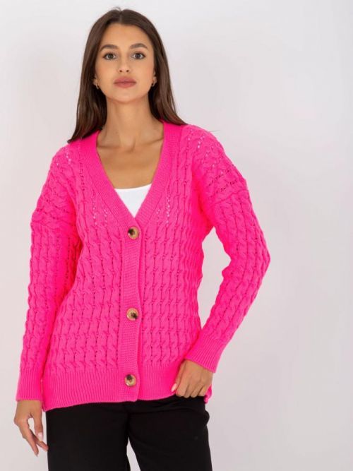 Neonově růžový pletený svetr na knoflíky LC-SW-8036.74P-fluo pink Velikost: ONE SIZE