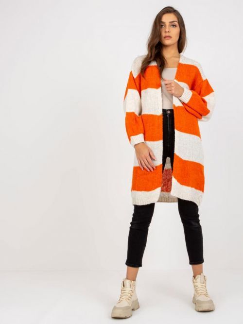 Delší volný pletený kardigan - oranžová-smetanová -TW-SW-BI-M3022.29X-orange.ecru Velikost: ONE SIZE