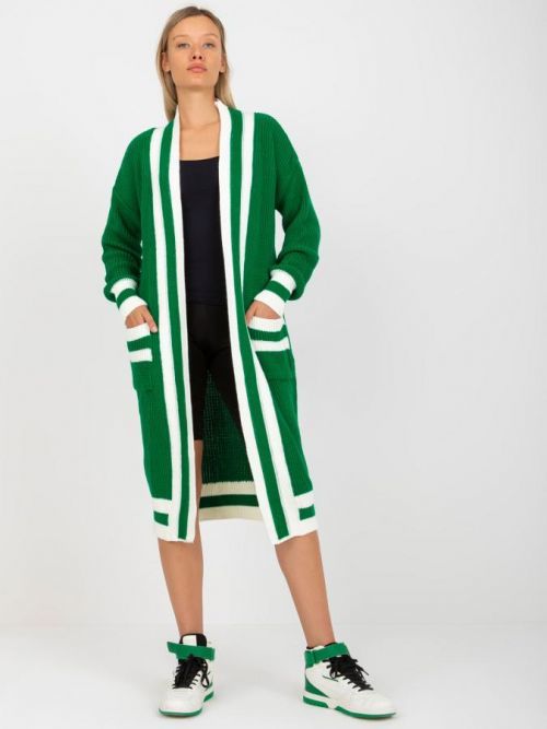 Zelený dlouhý kardigan lemovaný pruhy LC-SW-0291.06X-green Velikost: ONE SIZE