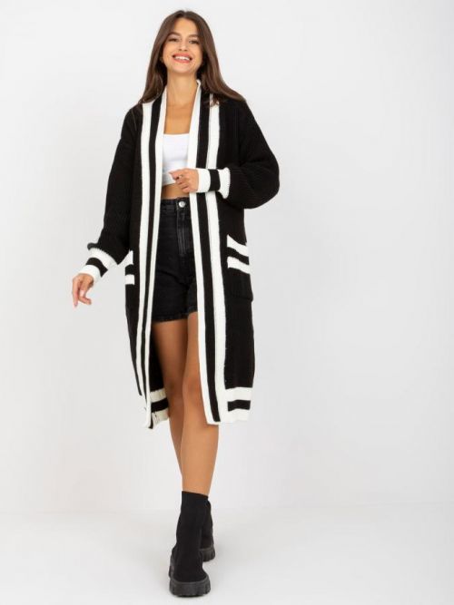 Černý dlouhý kardigan lemovaný pruhy -LC-SW-0291.06X-black Velikost: ONE SIZE