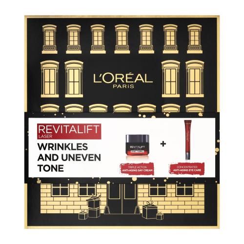 L'Oréal Paris Revitalift Laser Wrinkles And Uneven Tone dárková kazeta proti vráskám pro ženy denní pleťový krém Revitalift Laser X3 50 ml + oční krém Revitalift Laser X3 15 ml