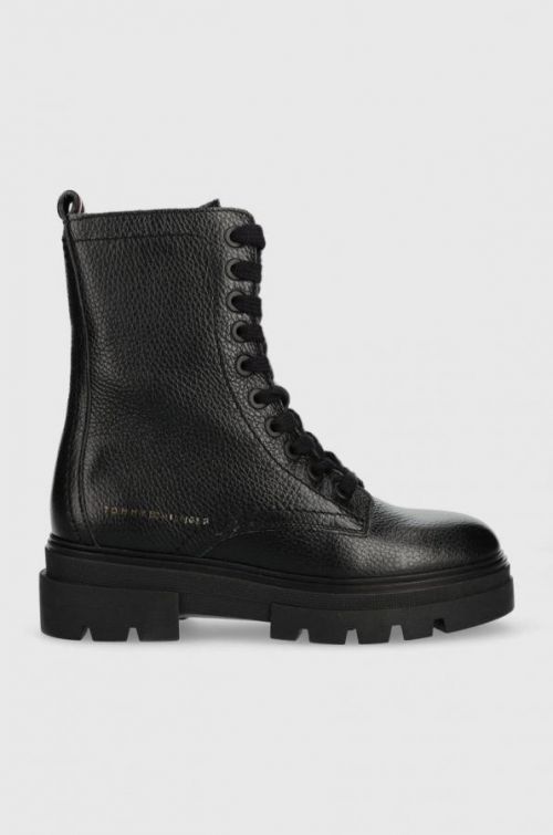 Kožené workery Tommy Hilfiger Monochromatic Lace Up Boot dámské, černá barva, na plochém podpatku