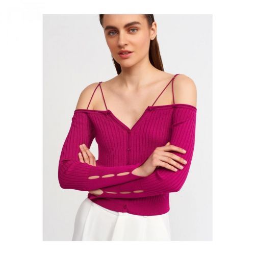 Dilvin 1066 Open Shoulder Elastic Strap Knitwear Cardigan-raspberry