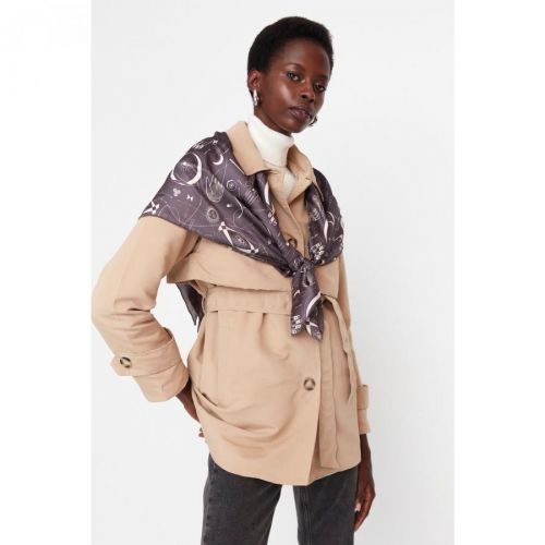 Trendyol Beige Belted Wide Shoulder and Windbreaker Detailed Trench Coat