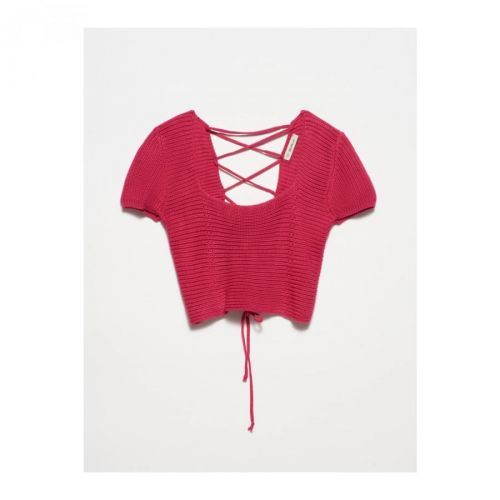 Dilvin 10164 Square Collar Lace-Up Short Sleeve Sweater-fuchsia