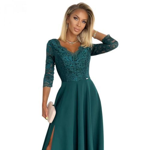 309-5 AMBER elegant lace long dress with a neckline - BOTTLE GREEN
