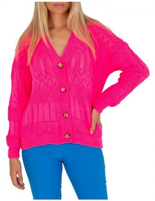 Neonově růžový háčkovaný svetr na knoflíčky